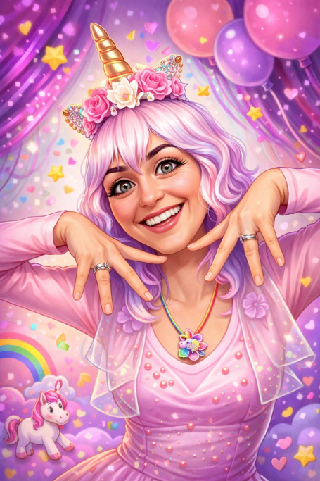 Woman with lavender hair, wearing a unicorn horn and pink outfit, smiling joyfully amidst pastel balloons.