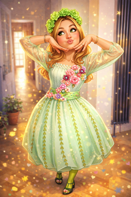 Girl in a green dress with floral decorations, posing playfully in a sunlit hallway.