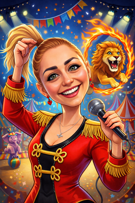 A cheerful performer in a red circus costume holds a microphone, with a lion in the background.